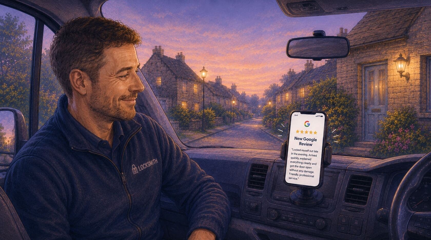 [Illustration: a locksmith getting a review on his mobile phone in his van]