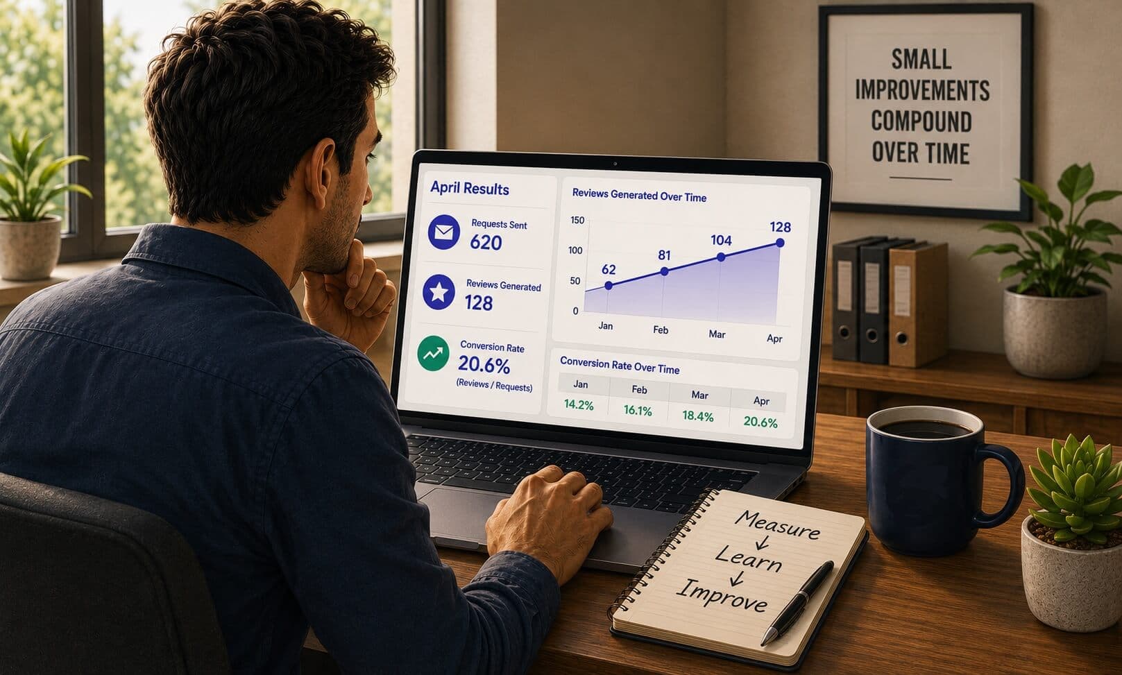 [Illustration: measuring results of survey requests and reviews gained]