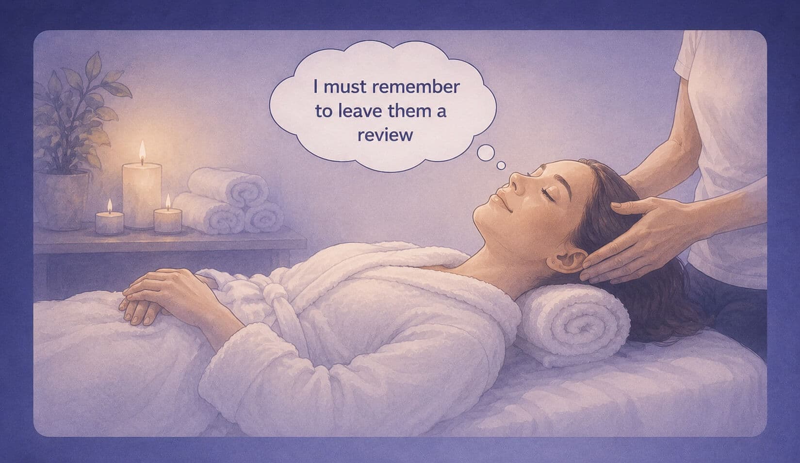 [Illustration: customer forgets to leave a review after saying yes]